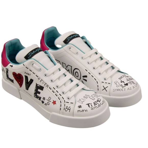 Dolce & Gabbana Shoes - Dolce & Gabbana Love Graphic Sneakers - White and Red
